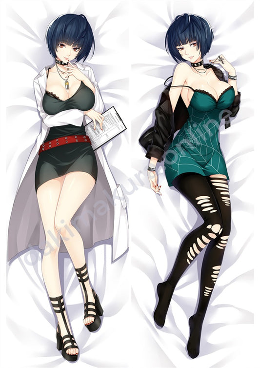 Tae Takemi dakimakura, Persona 5, short dark blue hair, doctor lab coat, green spider dress ripped tights